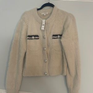 J Crew fuzzy cardigan with rhinestone snaps L NWT